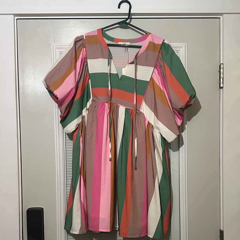 entro Multicolor Striped Midi Dress — Pink, Green, Orange, Cream